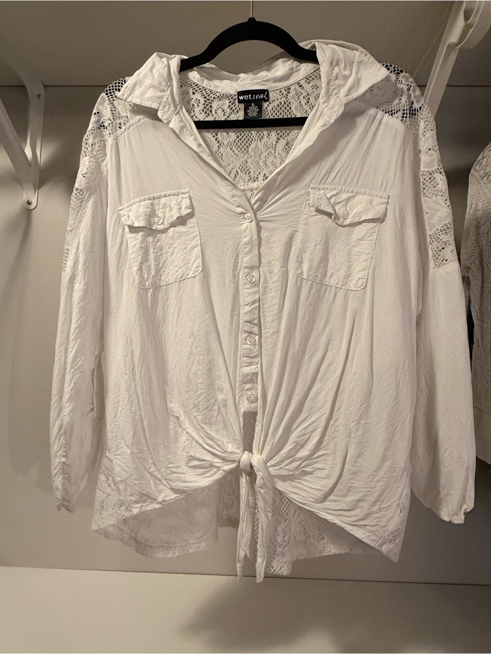Wet Seal White Lace-Back Tie-Front Button Down Shirt
